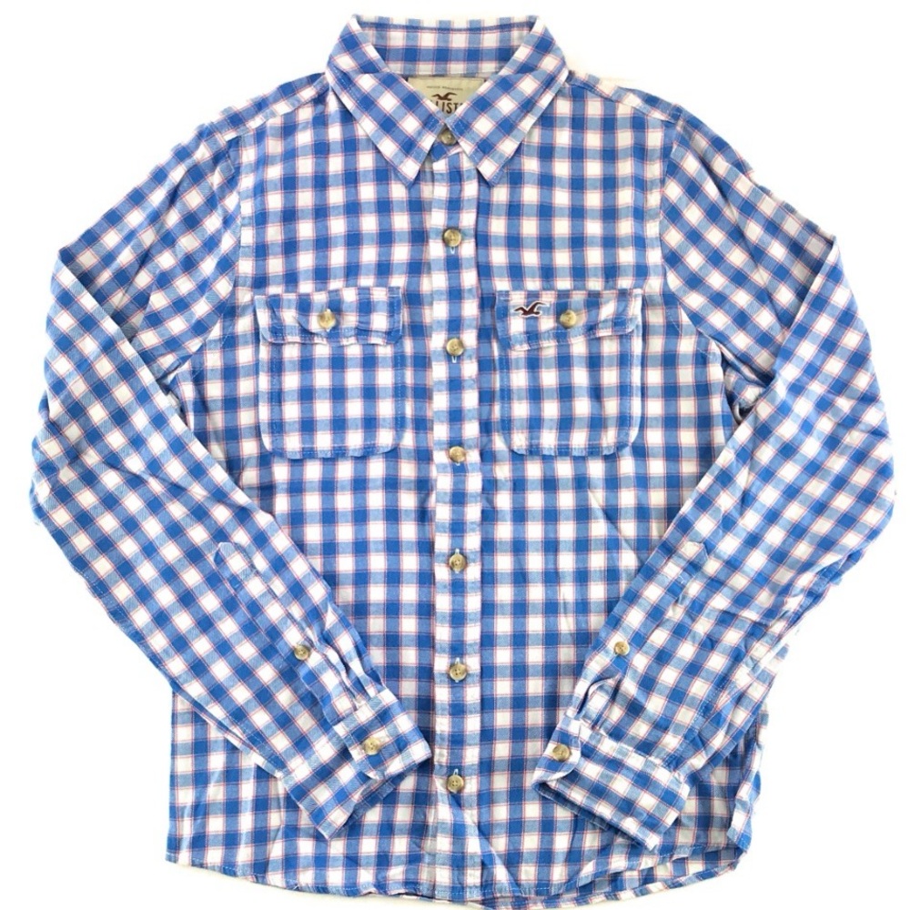 Hollister Cotton Flannel Button Up Shirt Men’s L Blue/White Checked Casual